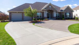 A beautiful suburban home with various styles of concrete driveways, showcasing options like stamped, colored, and standard grey concrete, surrounded by landscaped greenery, sunny skies, and a welcoming entrance. Concrete driveway cost charlotte nc